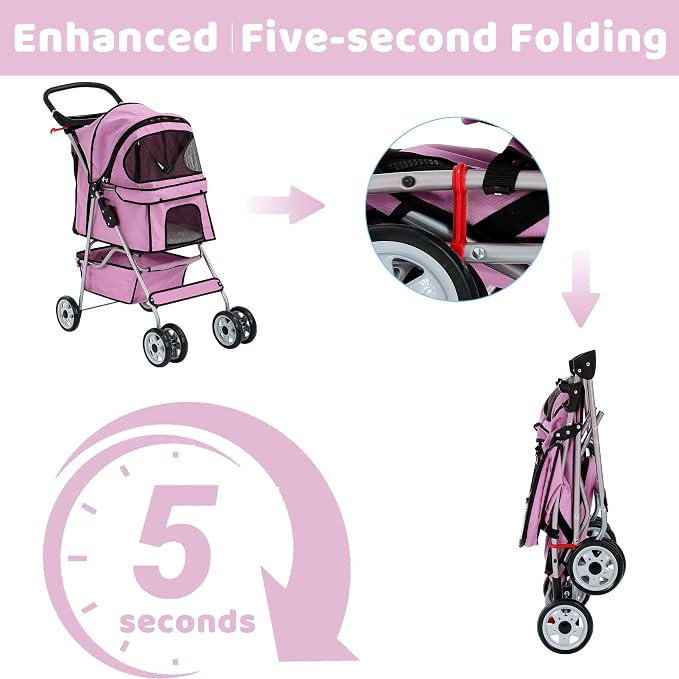 Pet Stroller for Small Medium Dogs & Cats, 4-Wheel Breathable Compact Foldable Dog Carrier with Storage Basket, Outdoor Portable Lightweight Travel Stroller for Camping,Pink
