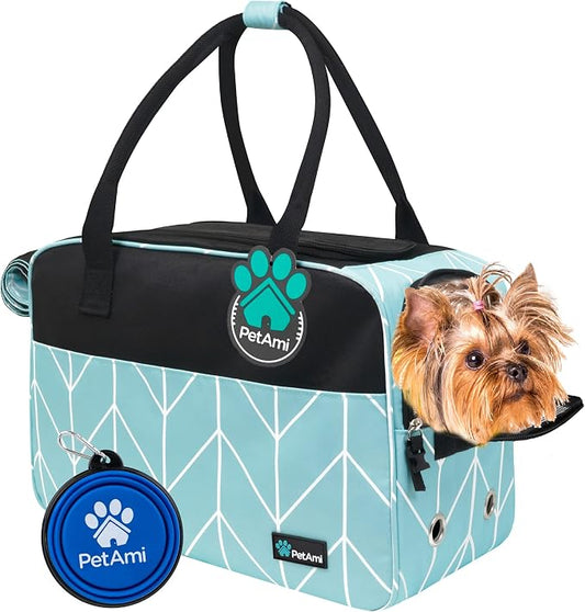 PetAmi Dog Purse Carrier for Small Dogs Cats, TSA Airline Approved Soft-Sided Pet Carrier with Pockets, Ventilated Travel Tote Bag with Bed & Shoulder Strap, Puppy Kitten, Max 12 lbs, Chevron Teal