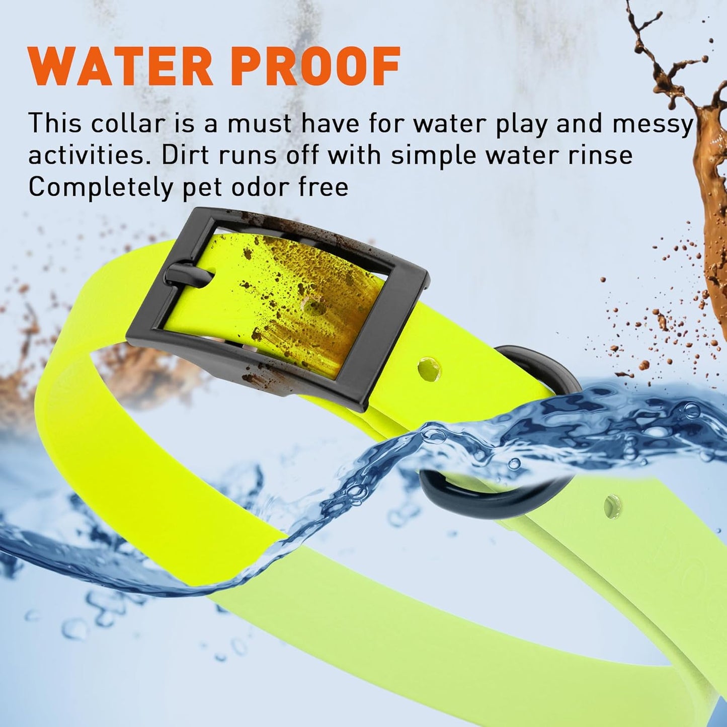 Dogline Biothane Waterproof Dog Collar Strong Coated Nylon Webbing with Black Hardware Odor- Proof for Easy Care Easy to Clean High Performance Fits Small Medium or Large Dogs, Safety Yellow