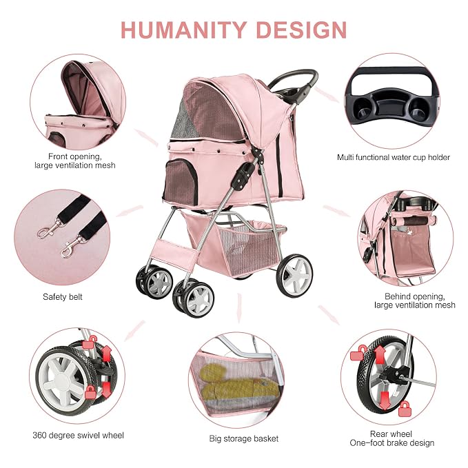 Pet Stroller for Small Dogs and CatsQuick-Folding Portable Travel Cat Dog Stroller with Storage Basket and Cup Holder, 4 Wheels, Light Pink