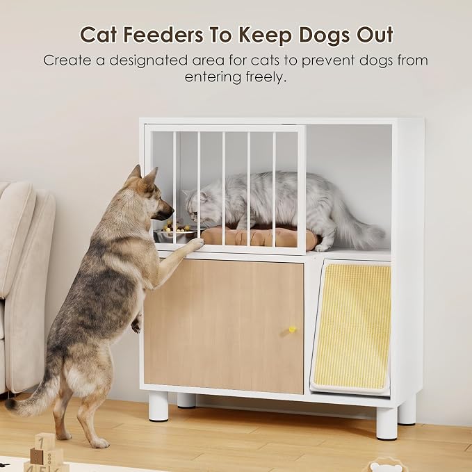 Dog Proof Cat Feeding Station, Metal Cat Feeding Cabinet, White | Elevated Cat Feeding Station, Pet Food Station with Storage, Cat Bowl Stand, Scratching Board, Stainless Steel Bowls