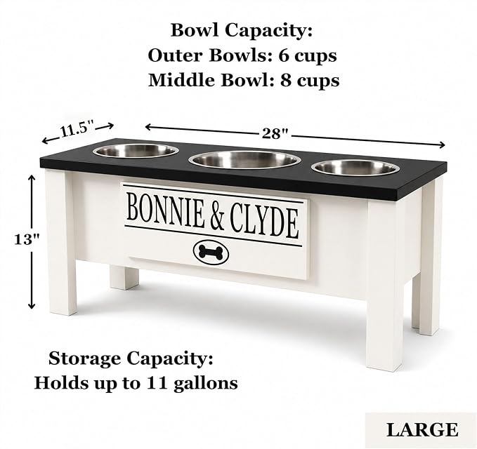 3 Bowl Dog Feeding Station, Personalized Triple Bowl Food Stand Large Dogs | Farmhouse Style, Elevated Wood Stand, Storage Container, Stainless Steel Bowls, Raised Feeder, Large Breed, Made in USA