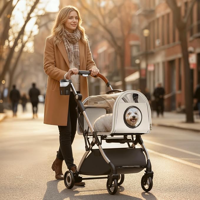 Magshion Dog Stroller w/Detachable Carrier for Small/Medium Dogs&Cats | Clear PC Dome Pet Stroller Up to 33 lbs, Lightweight Foldable Pet Cart, PU Wheels, Storage Basket & Cup Holder