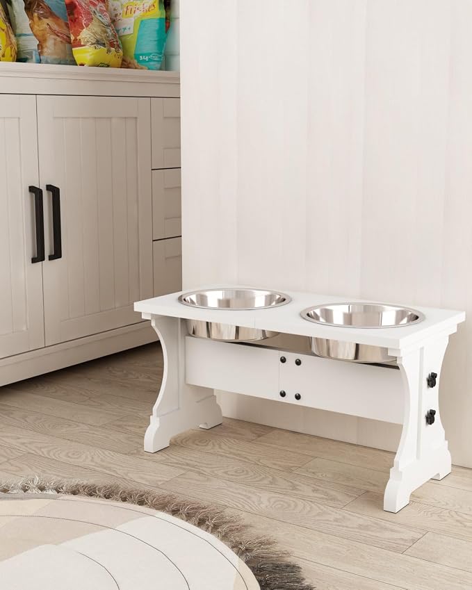 Piskyet Elevated Dog Bowls,Dog Bowl Stand, 7 Cups 11" H_55 oz Bowl-White | White Dog Bowls Stand, Raised Dog Bowl with 2 Stainless Steel Wooden Dogs Bowls for Medium Size Dogs