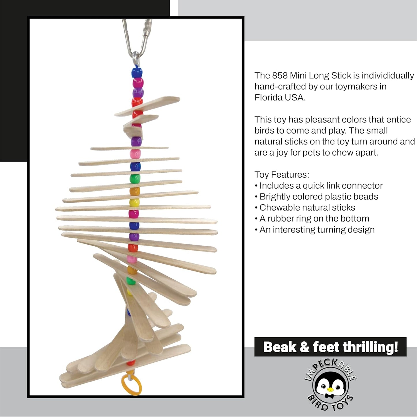 858 Mini Long Stick Toy - Handcrafted with Wooden Slats, Plastic Beads and Rubber Ring, Sticks Turn Around as Pets Play, Great for Budgies, Lovebirds, Parrotlets and Other Small Birds