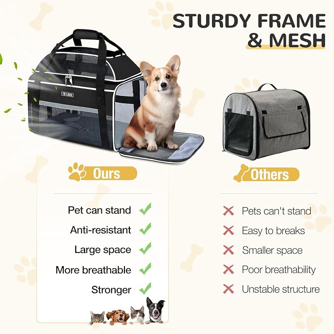 Lekereise Top-Expandable Pet Carrier 18x13x9.5 Inch Southwest Frontier Airline Approved Soft Sided Underseat to 15lbs Travel Carriers for Small Cats Dogs with Locking Safety Zippers Anti-Scratch Mesh