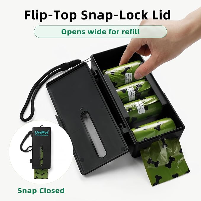 URSPET Dog Poop Bag Dispenser with 4 Rolls, Wall Mount Pet Waste Holder | Stick-On or Screw-On, Viewing Window, Easy Bag Pull, Flip-Top Refill, 60 Bags Included, Indoor and Outdoor Use