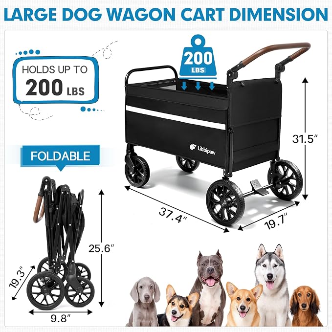 LUFFWELL Foldable Dog Wagon with Ramp, Medium & Large Dogs, Black | All-terrain wheels, One-step brake, Adjustable handle, Side pockets, 200 lb capacity