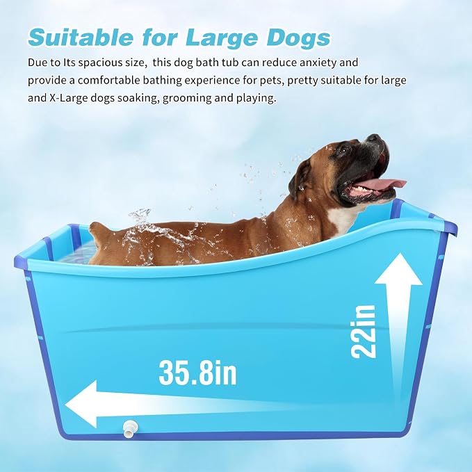 YUEPET Dog Bathtub for Large Dogs, 49 Gallon Foldable Bath Tub, Blue | Bathtub for Dogs, Extra Large Dog Fit, PP & TPE Build, Drain Plug and Hose, Folds for Storage, Blue