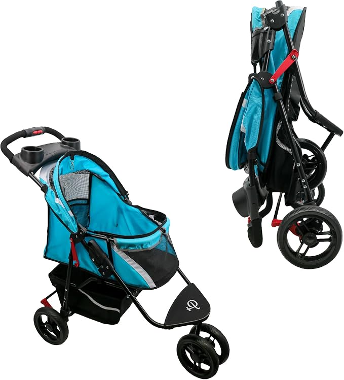 Petique Revolutionary Durable Pet Stroller, Easy Fold, Quality mesh Windows, Large Storage Basket, Secure Cup Holder Tray, Small/Medium Dogs, Cats and Pets, Supports up to 55LBS - Venus (Teal)
