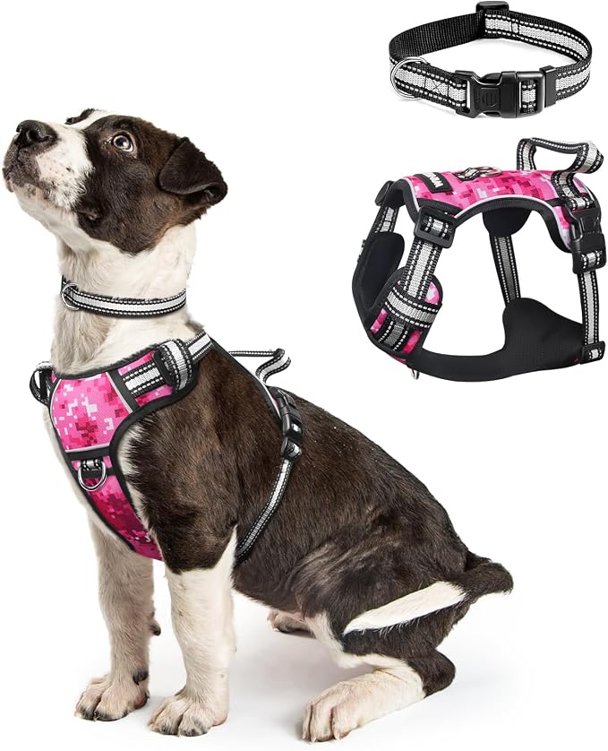 Dog Harness No Pull, Pet Harnesses with Dog Collar, Adjustable Reflective Oxford Outdoor Vest, Front/Back Leash Clips for Small, Medium, Large, Extra Large Dogs, Easy Control Handle for Walking