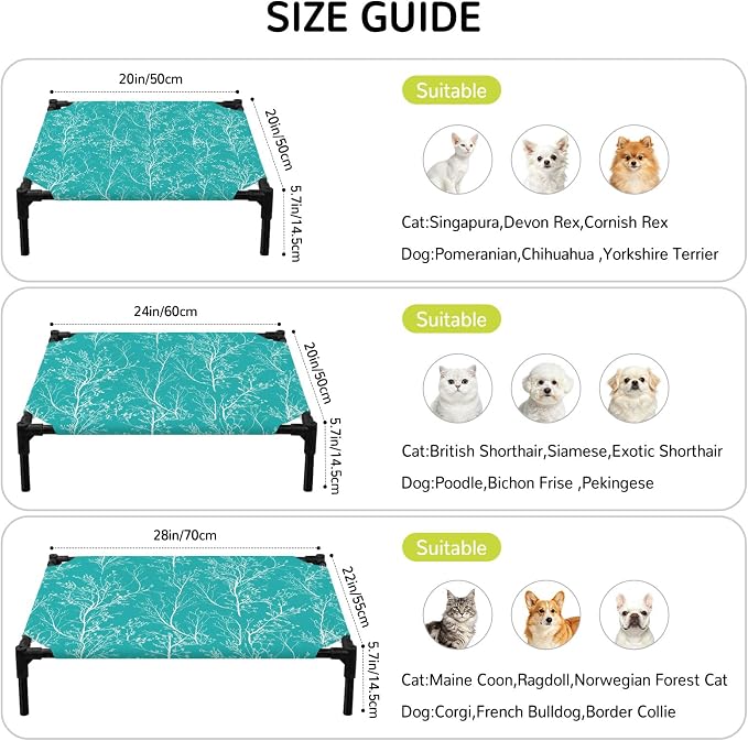 Outdoor Elevated Dog Bed for Medium Dogs, Teal Botanical Breathable Cooling Raised Dog Cot for Indoor/Outdoor, Vintage Floral Plants Branch Waterproof Elevated Pet Beds, M 24 x 20 in