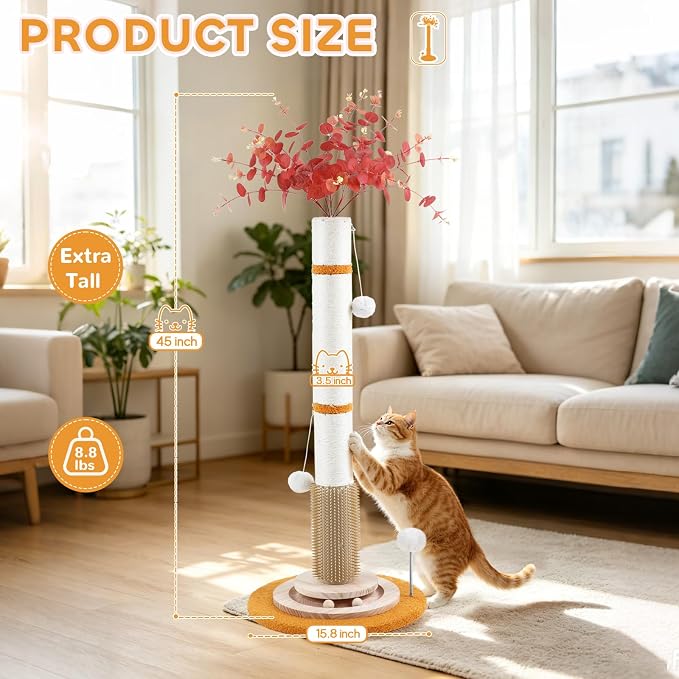 Cat Scratching Post,45'' Tall Artificial Flower Design Scratcher Tree Toys with 3.5Inch Diameter Sisal Rope for Large Kittens
