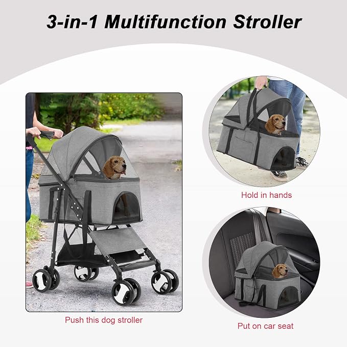 BestPet Pet Stroller Premium 3-in-1 Multifunction Dog Cat Jogger Stroller for Medium Small Dogs Cats with Folding Lightweight Travel & Detachable Carrier,Grey