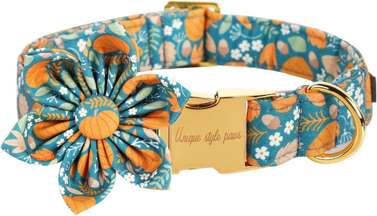 Unique style paws Halloween Dog Collar with Flower Tie Pumpkin Cotton Collar Adjustable Puppy Collar for Small Medium Large Dogs-M