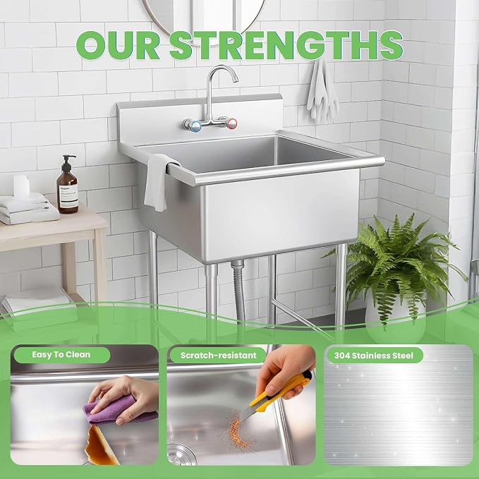Pet Bathing Tub Station, Heavy Duty Utility Wash Basin for Garage Workshop, Compact Freestanding Commercial Catering Sink for Business Owners.
