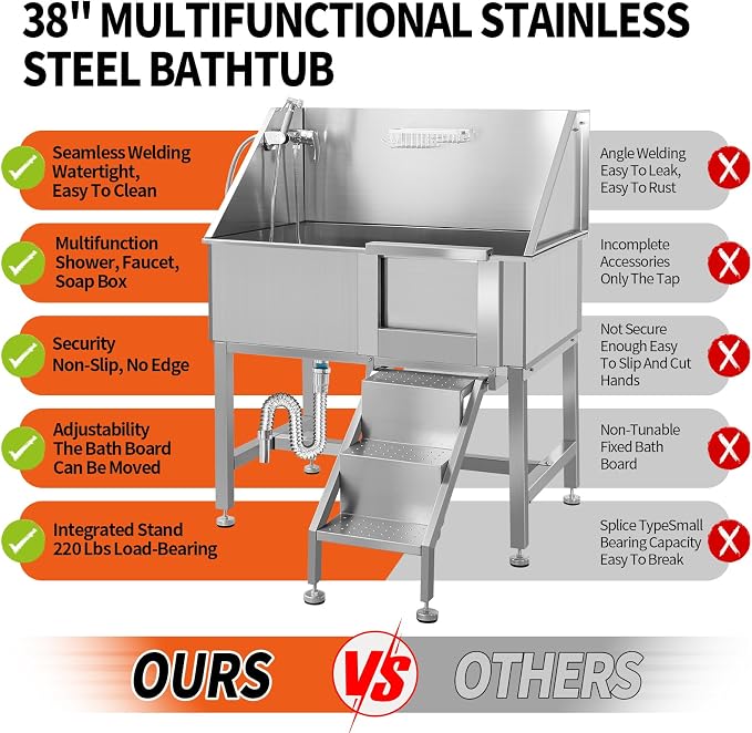 38" Stainless Steel Dog Washing Stations for Large Dogs, Pet Grooming Tub for Home, Professional Pet Bathtub Bathing Station, Pet Wash Station, Dog Shower Tub with Stairs, Drain & Door,R-Door