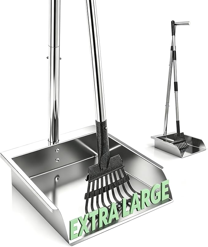 Metal Dog Pooper Scooper with Long Handle Rake and Tray Set for Large Dogs. | Heavy Duty Stainless Steel poop scooper for dogs Suitable for Yard, Garage ，Grass, Dirt & Gravel and Multi-Dog Families