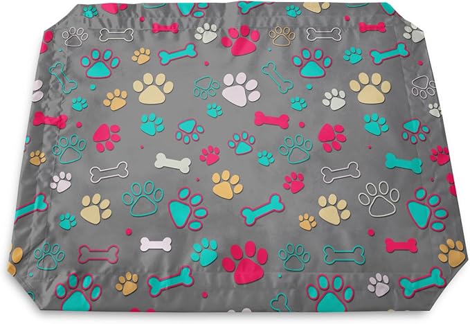QOOMO Elevated Dog Bed with Cooling Fabric, Pet Cot for Small and Big Dogs, Indoor and Outdoor Use, Joint Relief, Cute Printed Cushion Included (Colored Paw Prints, 47.24" L*31.89" W*9.45" Th)