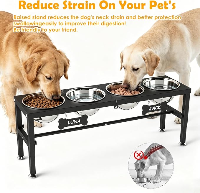 4-Bowl Elevated Dog Bowl Stand – 4 Adjustable Heights with 58oz/1700ml Stainless Steel Bowls & Splash Pad for Medium & Large Breeds, Multi-Pet Households