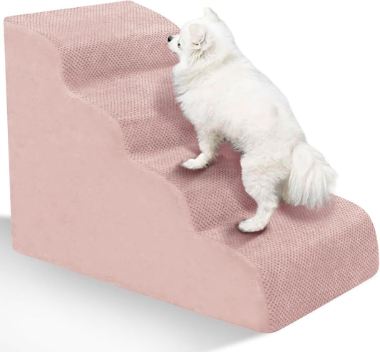 Dog Stairs for Small Dogs - High Density Foam Pet Steps, Extra Wide Dog Ramp with Non-Slip Bottom for High Beds, Couch and Sofa, Best for Dogs Injured, Older Doggy Cats,4 Stpes, Pink