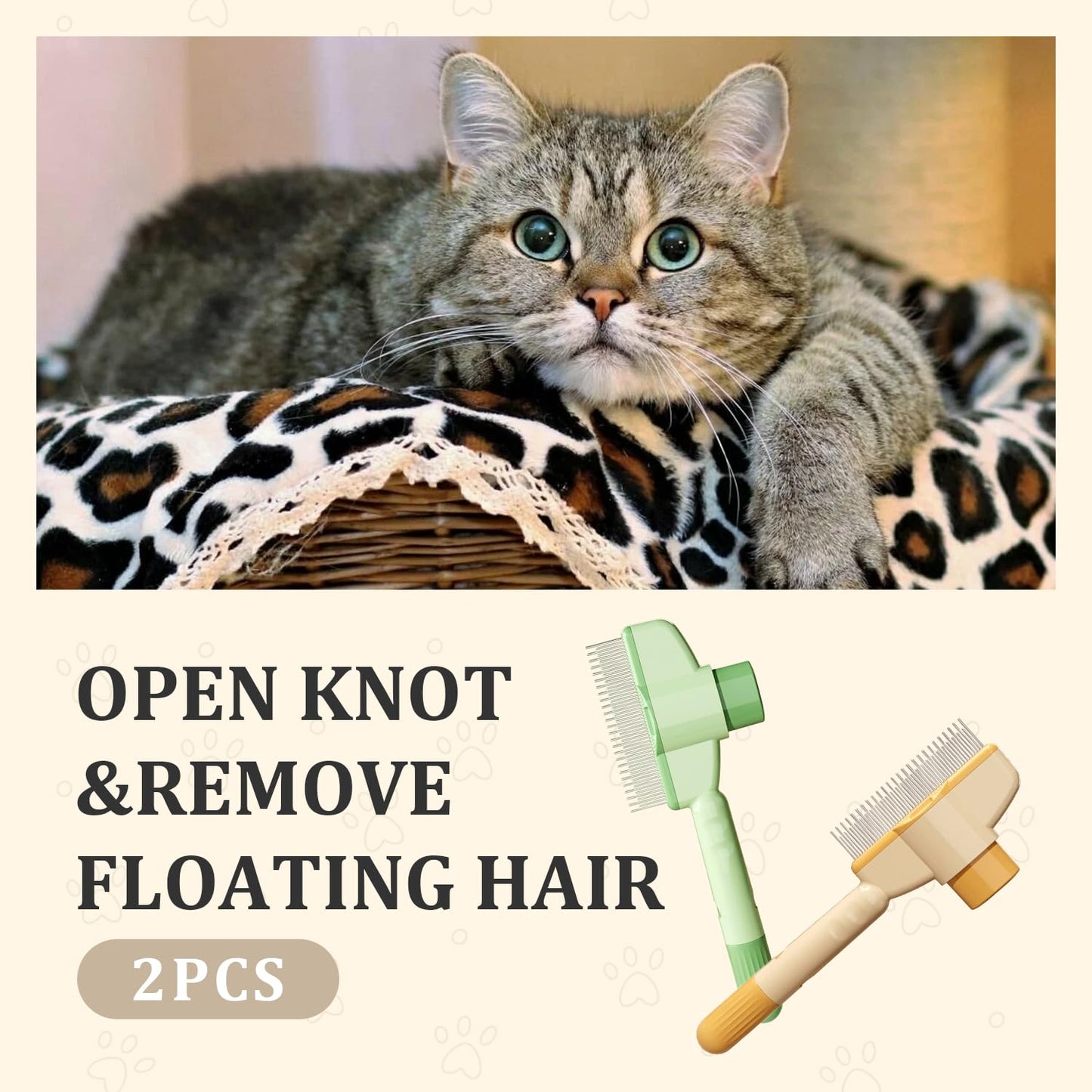 2-Pack Pet Hair Removal Comb & Flea Comb with Release Button for Cats & Dogs - Grooming Brush for Short/Long Hair Green & Yellow