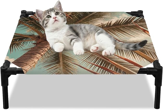 Outdoor Elevated Dog Bed for Small Dogs, Summer Palm Tree Breathable Cooling Raised Dog Cot for Indoor/Outdoor, Tropical Plants Botanical Trees Waterproof Elevated Pet Beds, S 20 x 20 in