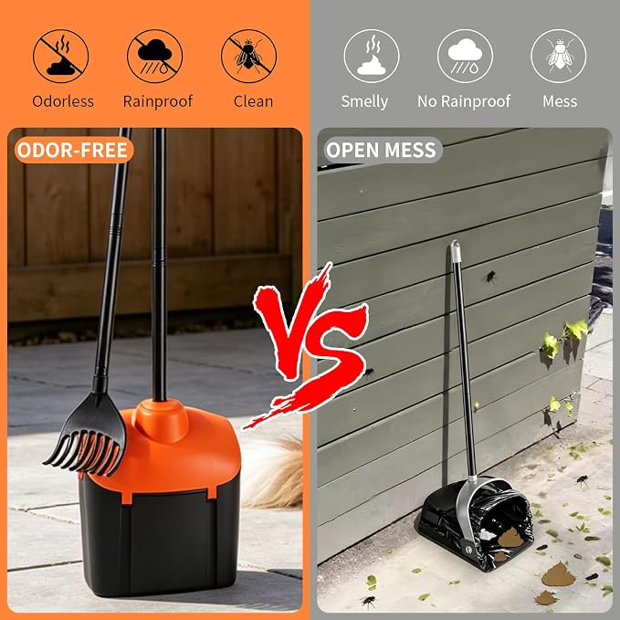 ienjoyed 40" Tall Dog Pooper Scooper with 100 Bags Attachment, Large Capacity Swivel Bin and Rake Metal Pole, Long Handle Pooper Scooper for Large Dogs, Dog Poop Scoop for Yard (Orange)