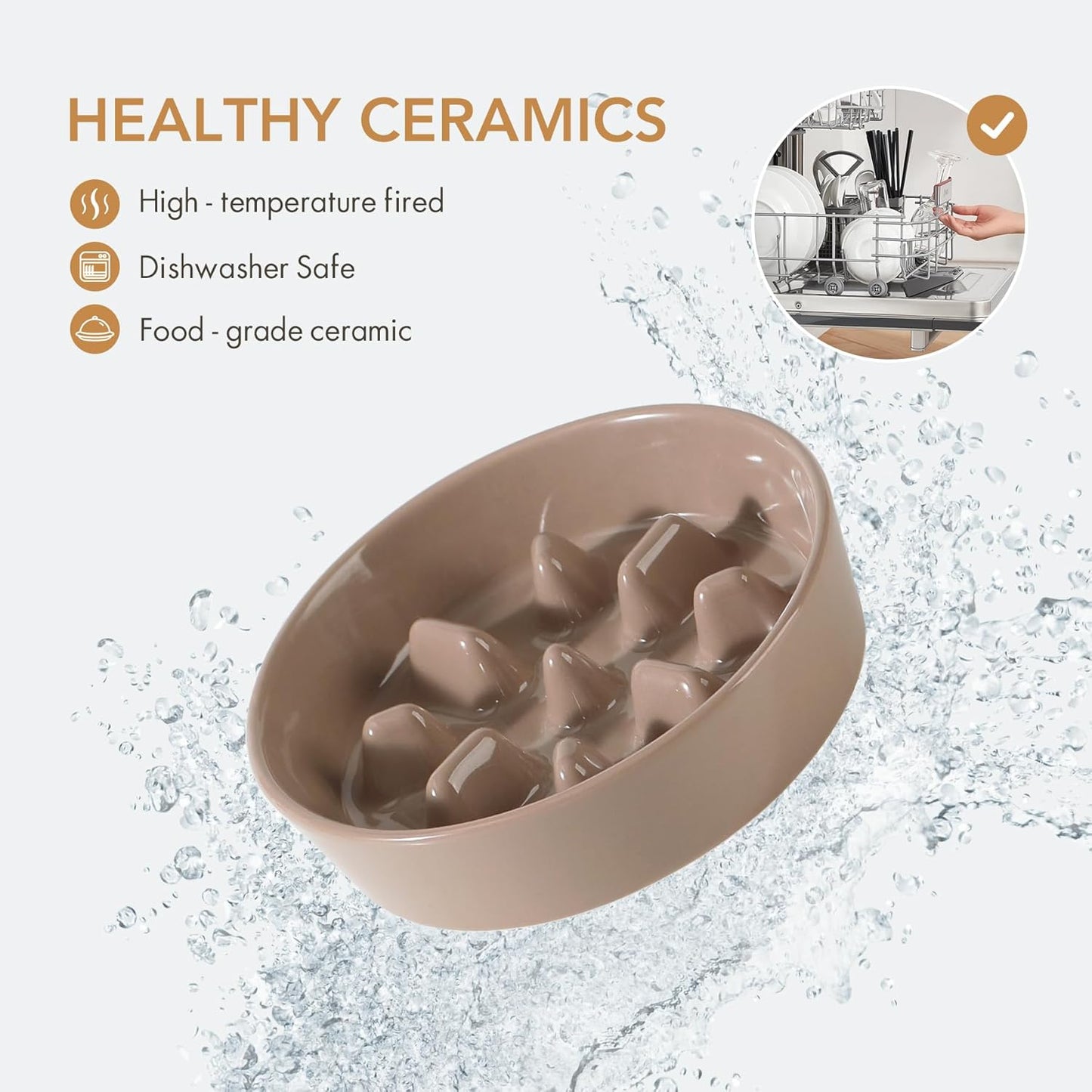 Ceramic 7.3 inch Dog Bowl Slow Feeder, Slow Pet Food Dish for Medium and Small Dog, Stop Bloat, Preventing Choking(Single Bowl, Brown Coffee)