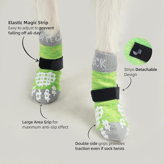 PUPTECK Anti-Slip Dog Socks with Double Sides Grips for Small Medium Large Dogs Hardwood Floors Prevents Licking, Dog Shoes for Hot Pavement Traction Control for Senior Dogs, Fluorescent Green, XL