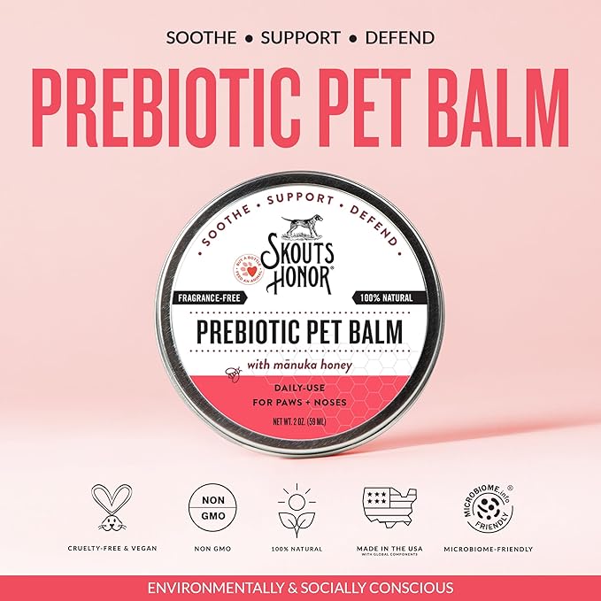 SKOUT'S HONOR Prebiotic Pet Balm - 100% Natural and Made w/Manuka Honey to Promote Healing of Your pet's paw Pads and Nose, Soothes Dry, Itchy Paws and Noses - Safe for Cats and Dogs, 2oz, 4-Pack