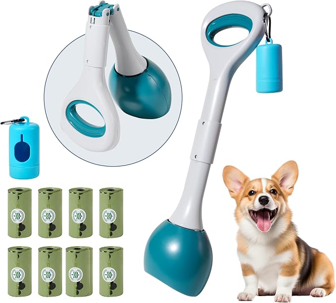 Dog Pooper Scooper Portable with Bag Attachment, One Handed Foldable Design, Includes 120 Waste Bags and Dispenser, 19 Inch Handle for Grass Yard Gravel Cleanup (Green)