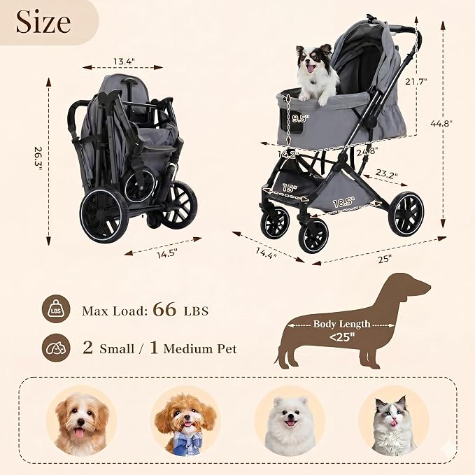 MUTTROS Pet Stroller for Small Medium Dogs & Cats Up to 66lbs, One Click Fold Dog Stroller, Large Cat Stroller w/All Terrain Shock Absorbing Wheels, Reversible Handle, Removable Washable Pad, Grey