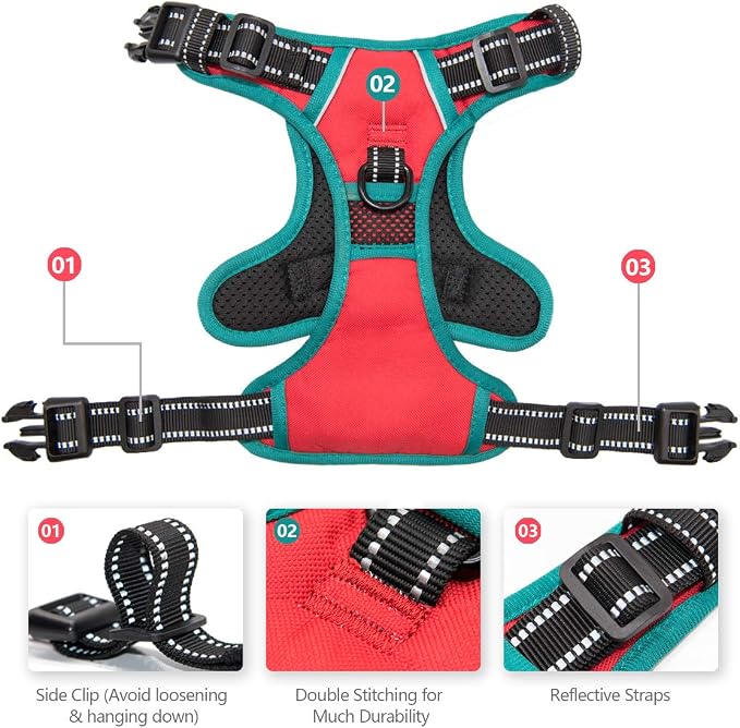 Upgraded No Pull Dog Harness, Reflective Adjustable Vest | with a Training Handle + 2 Metal Leash Hooks+ 3 Snap Buckles +4 Slide Buckles(M, Red)