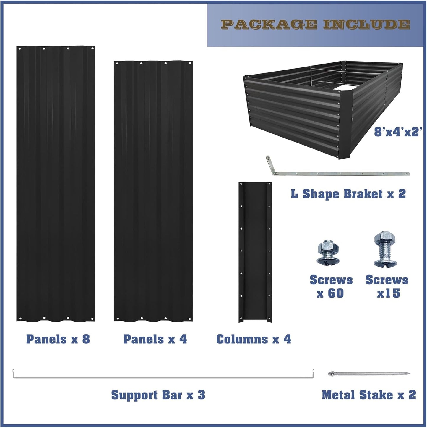 8x4x2FT Metal Raised Garden Bed Kit, Galvanized Outdoor Garden Bed Planter Box for Vegetables, Flowers, Herbs, Succulents and More, Black