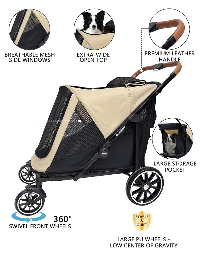 Dog Stroller for Large & Medium Dogs, Pet Stroller for 2 Dogs | 360° Wear-Resistant Wheels • Foldable Design • Breathable Mesh Windows • Heavy-Duty Construction • Fits 2 Dogs
