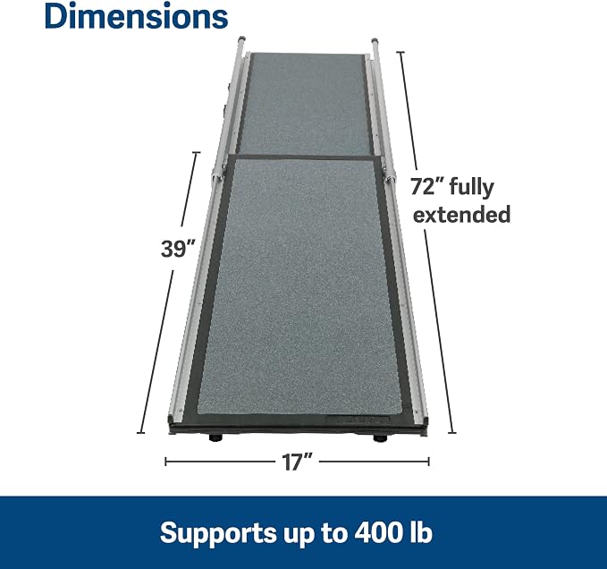 Solvit 62337 Deluxe Telescoping Pet Ramp, Standard (62305) | Extends 39-72 in to Reach Vans & SUVs, High-Traction Surface, Side Rails, Folds with Safety Latch, Supports Dogs up to 400 Lb