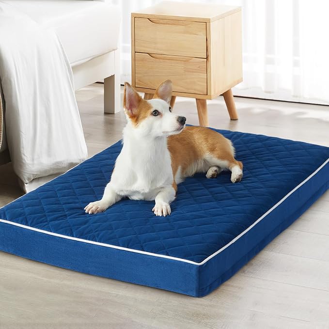 WNPETHOME Orthopedic Waterproof Large Dog Bed for Crate Cozy Sleep | Washable Large Pet Bed with Removable Cover, Multi-Needle Quilting Dogs Crate Beds Blue 35x22 Inch
