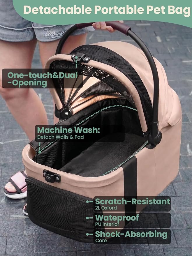 Small Dog Stroller, 5-in-1 Foldable Pet Stroller for Small Dogs Cats 10-20 lbs - 1-Click Fold Without Detaching Carrier, Removable Waterproof Carrier, All Terrain 4 Wheels for Outdoor Travel, Khaki