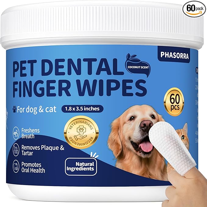 Dog Dental Care Wipes - 60Ct Tooth Brushing kit, Heavy Duty Teeth Cleaning for Dogs & Cats, Remove Tartar & Plaque, Dog Breath Freshener, Dog Toothbrush & Toothpaste Alternatives (Coconut)