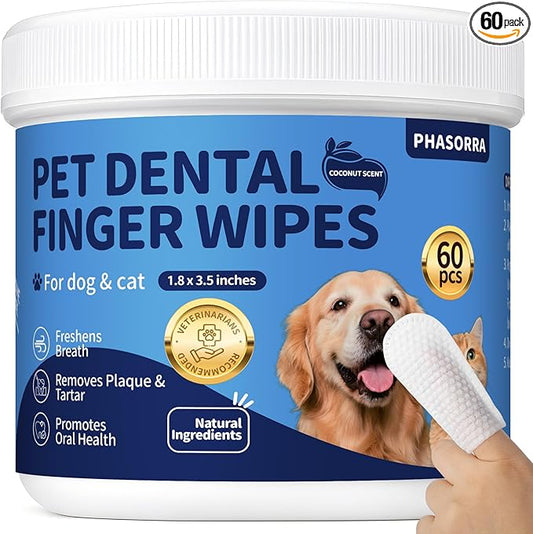 Dog Dental Care Wipes - 60Ct Tooth Brushing kit, Heavy Duty Teeth Cleaning for Dogs & Cats, Remove Tartar & Plaque, Dog Breath Freshener, Dog Toothbrush & Toothpaste Alternatives (Coconut)