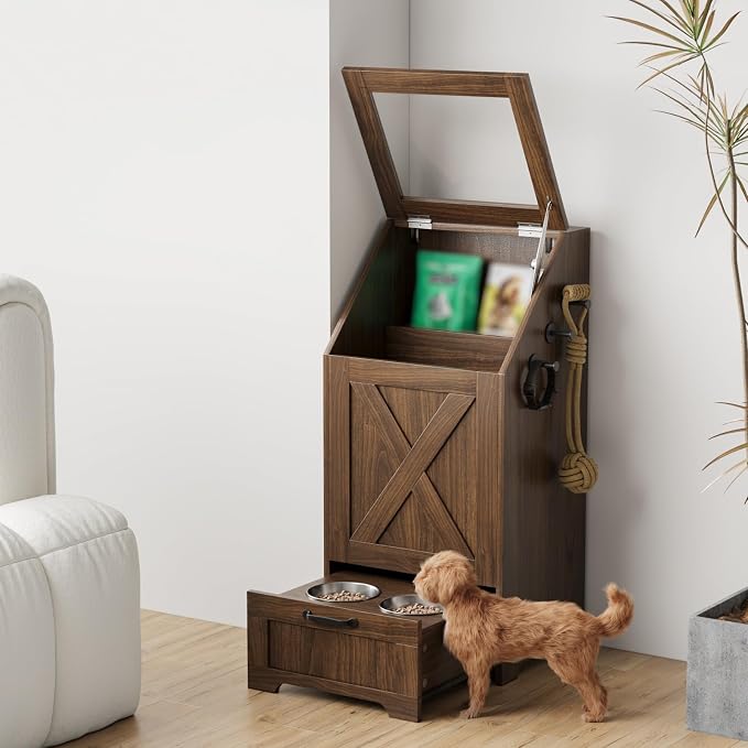 Walnut Dog Feeding Station with Storage & Bowls | Pet food cabinet, 2 elevated bowls, 3 hooks, glass flip cover, anti-tipping device, for dogs.