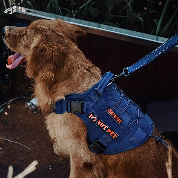 OneTigris Tactical Dog Harness with Handle No-Pull Adjustable for Large Dog | Military 1000D Pullable Nylon, Service Dog Vest with Hook & Loop Panels, Easy On & Off for Walking Hiking Training Blue L