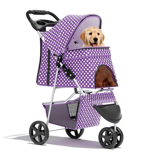 Pet Stroller for Small Dogs 10 lbs, Dog Stroller for Medium Dogs 30 lbs, Cat Strollers for 2 Cats, 3 Wheels Foldable Jogger Puppy Stroller with Storage Basket and Cup Holder, Purple Polka Dots