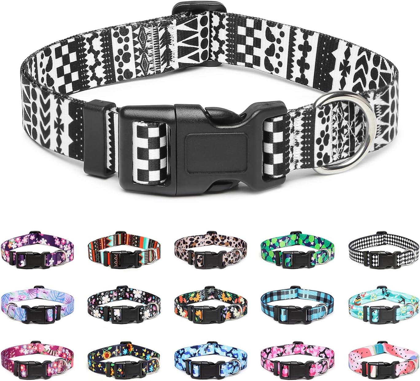 Mercano Adjustable Dog Collar - Special Design Patterns, Soft Nylon Comfortable Durable Pet Collar for Small Medium Large Dogs (M, Black White A)