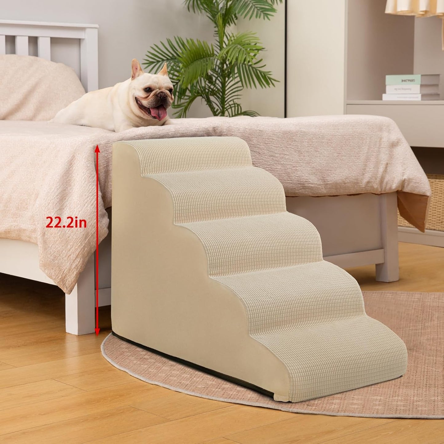 5-Step Dog Stairs and Ramp for High Bed,Non-Slip Sturdy Pet Steps for Small Dogs and Cats,22.2" H,Beige