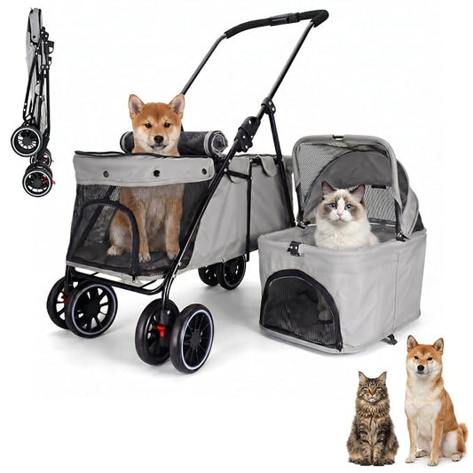 Foldable Double Pets Stroller for Dog Portable Cat Strollers for Small Medium Pet with One Detachable Carrier Flexible Lockable Wheels Lightweight Dogs Jogger (Gray)