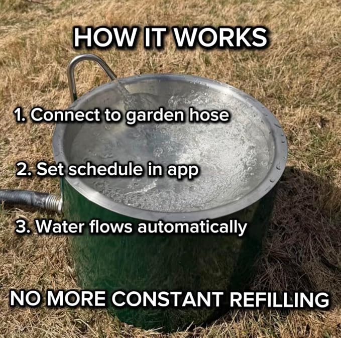Smart Dog Water Bowl for Outside - Connects to Garden Hose - WiFi App Controlled Timer for Automatic Water Flow - Stainless Steel Outdoor Pet Water Bowl - Large Capacity (Brown)