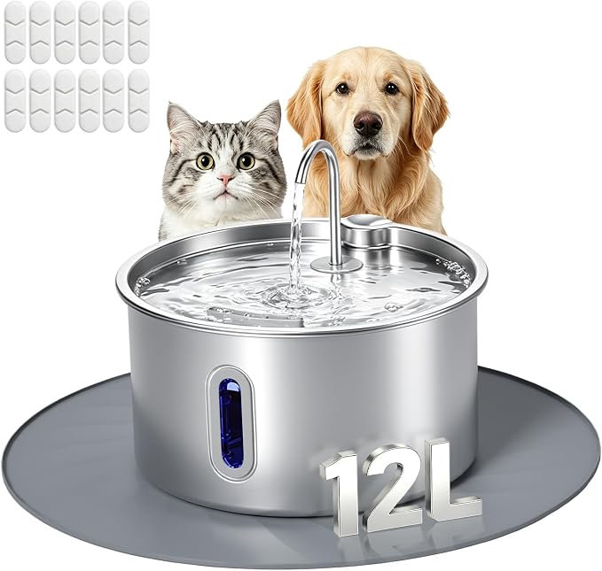 Stainless Steel Dog Water Fountain,12L/3.17Gal | Large Capacity 12 Pack Filter Visible Water Window Window LED Alert Anti-Splash Feeding Mat for MultiPet Homes