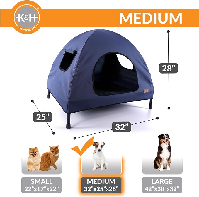 K&H Elevated Dog Bed, Outdoor Pet Cot House for Medium Pets - 32x25in Blue | Outdoor Raised Dog Bed House, Enclosed Canopy, Window Flaps for Air Flow, Washable Cover, Raised Metal Frame, Collapsible